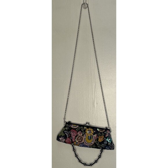 Y2K 90s MULTI COLOR Purse Beads Sequins Embroidered 10x4 Kiss Lock Whimsical - Picture 3 of 6